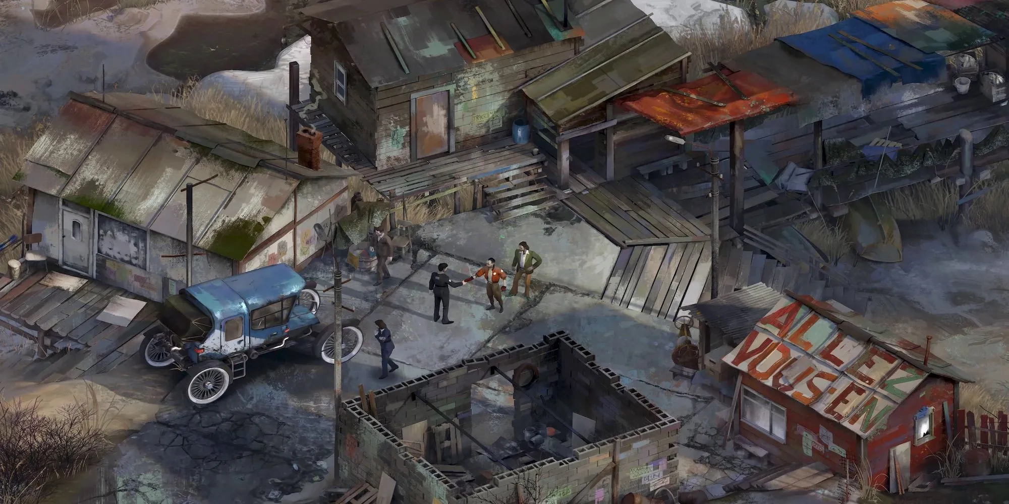 Kim Kitsuragi bắt tay một nhân vật trong Disco Elysium, thể hiện mối quan hệ trong game