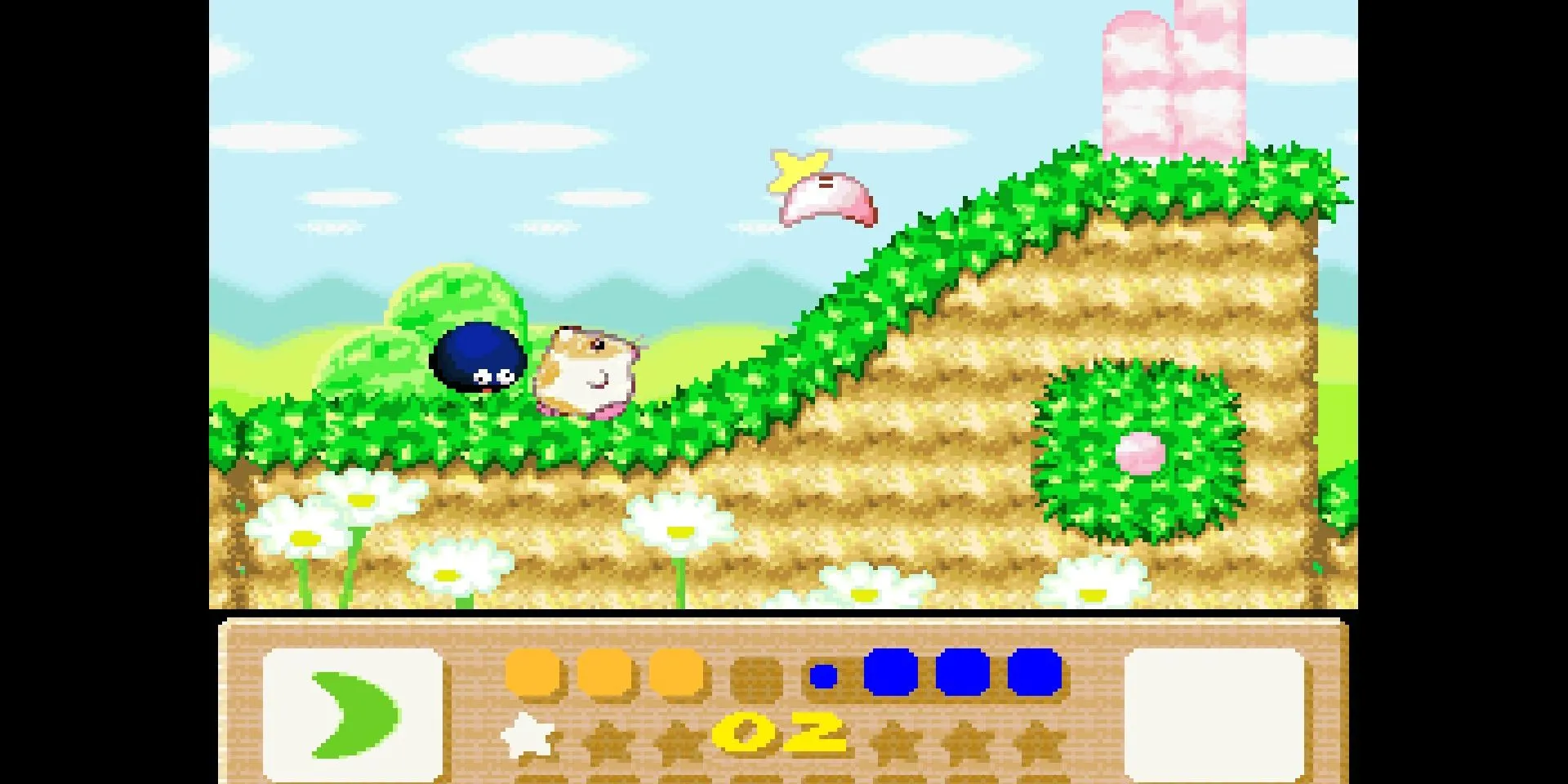Kirby cưỡi Rick sử dụng năng lực Cắt trong Kirby's Dream Land 3 SNES