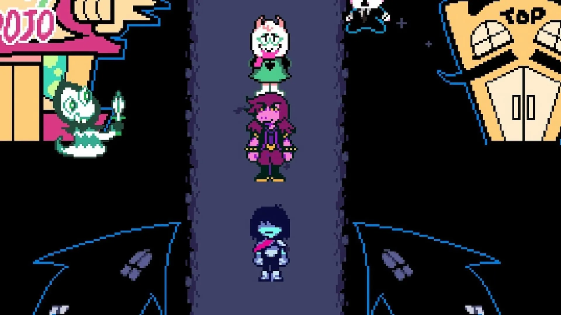 Kris, Ralsei và Susie trong thị trấn của Deltarune Chapter 3 & 4