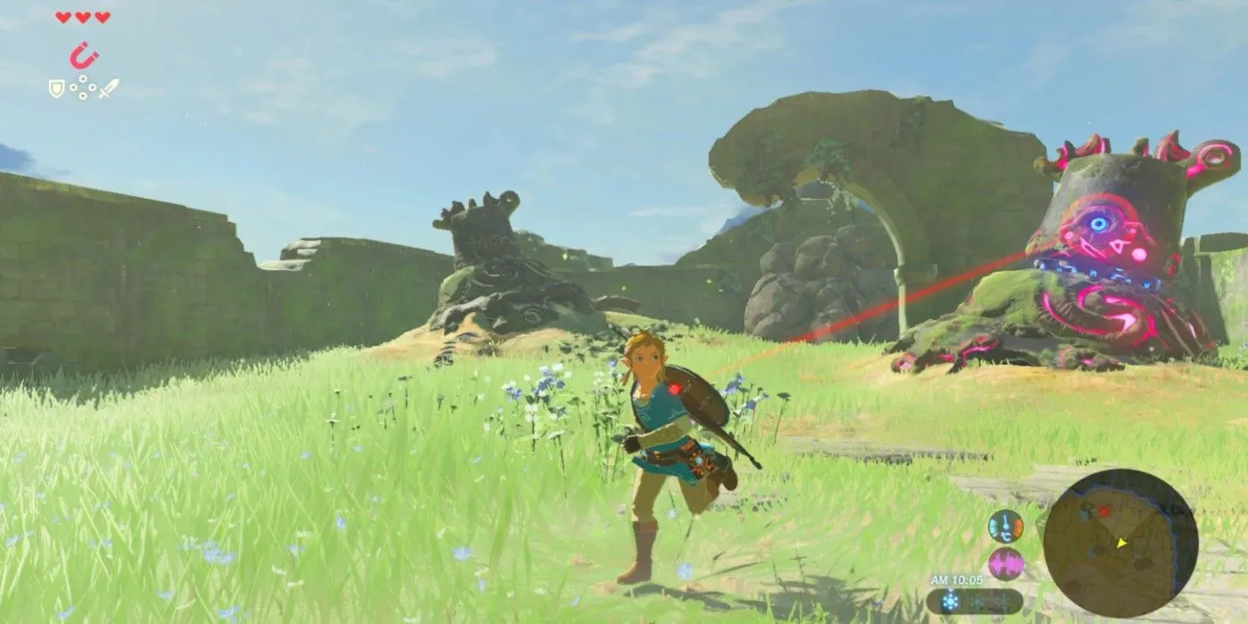Link chạy trốn khỏi một Guardian trong The Legend of Zelda: Breath of the Wild