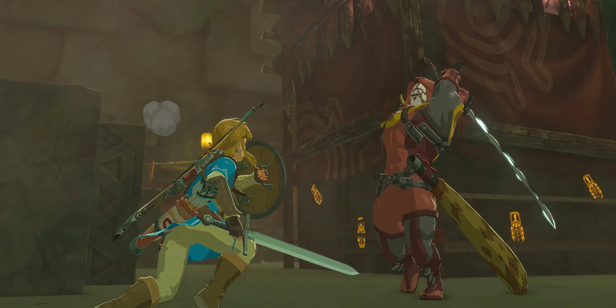 Link trong The Legend of Zelda Breath of the Wild đang chiến đấu bằng kiếm trên một cánh đồng xanh mướt
