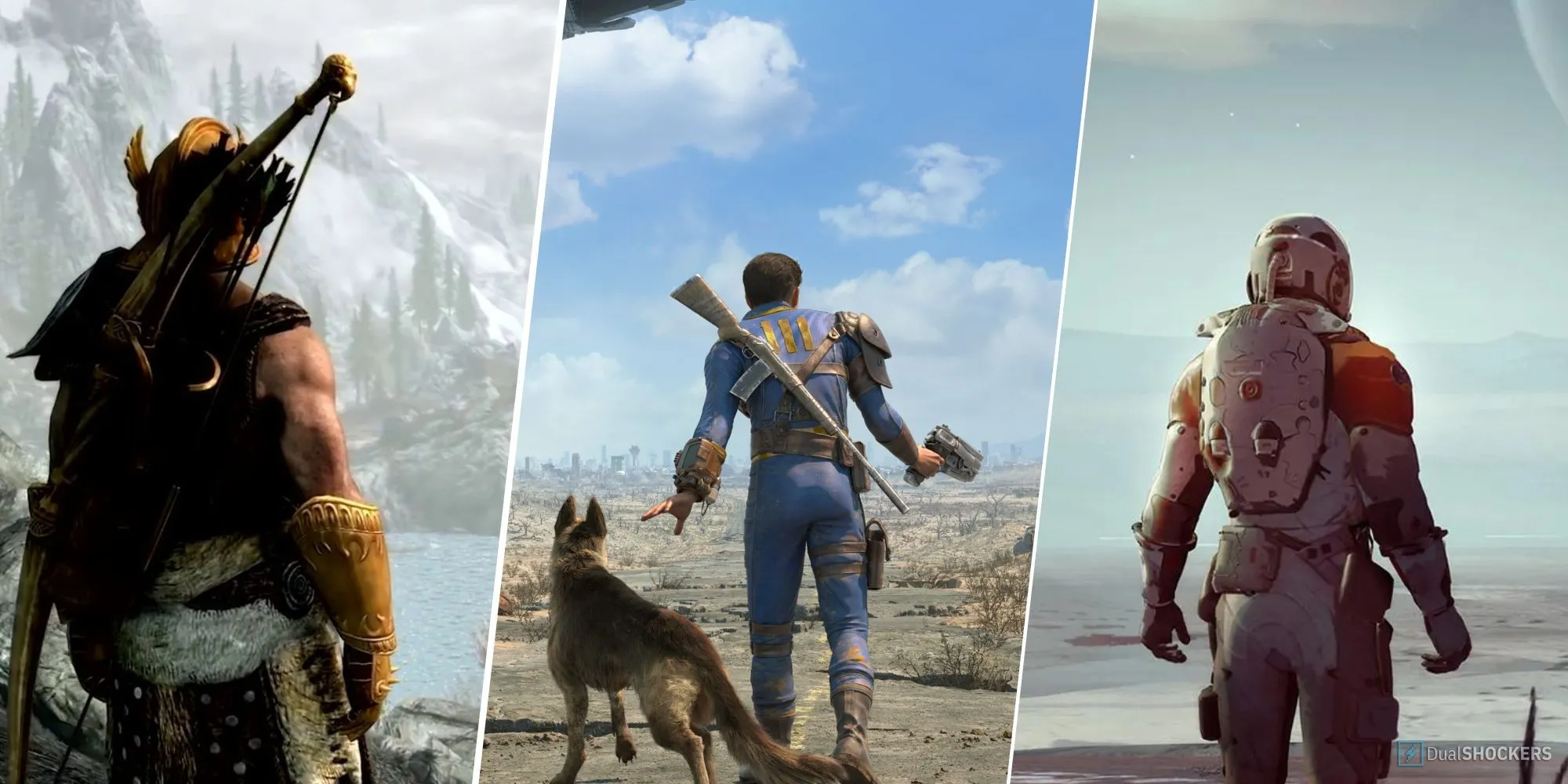 Logo Bethesda và hình ảnh đại diện của ba tựa game nổi tiếng: Skyrim, Fallout, Starfield.