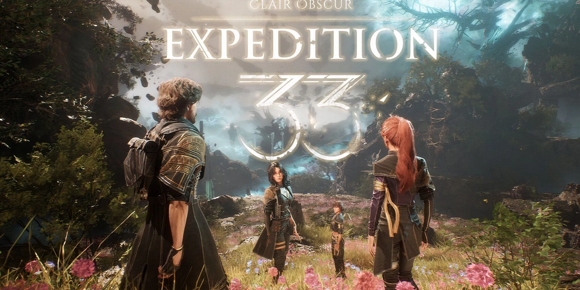 Logo Clair Obscur Expedition 33 phát sáng phía trên nhóm bốn nhân vật trong game