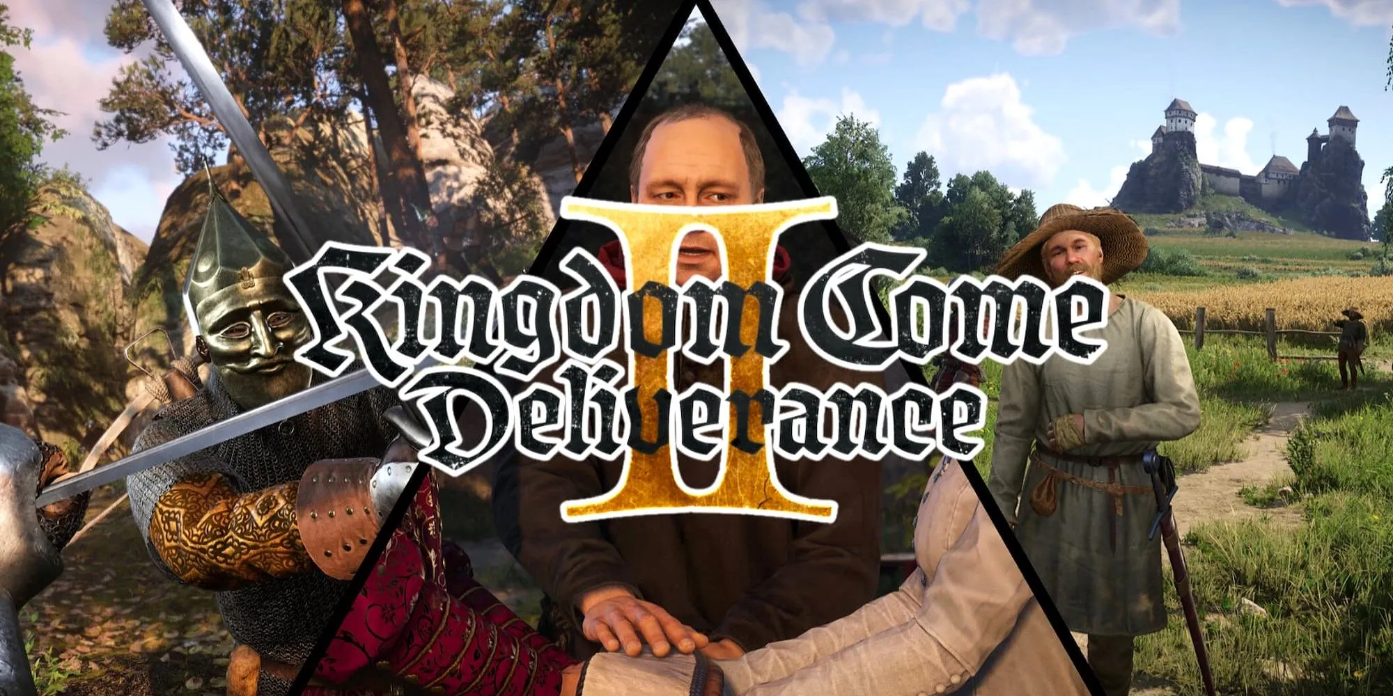Logo Kingdom Come Deliverance 2 trên các ảnh chụp màn hình từ game, minh họa cho hướng dẫn giả kim thuật.