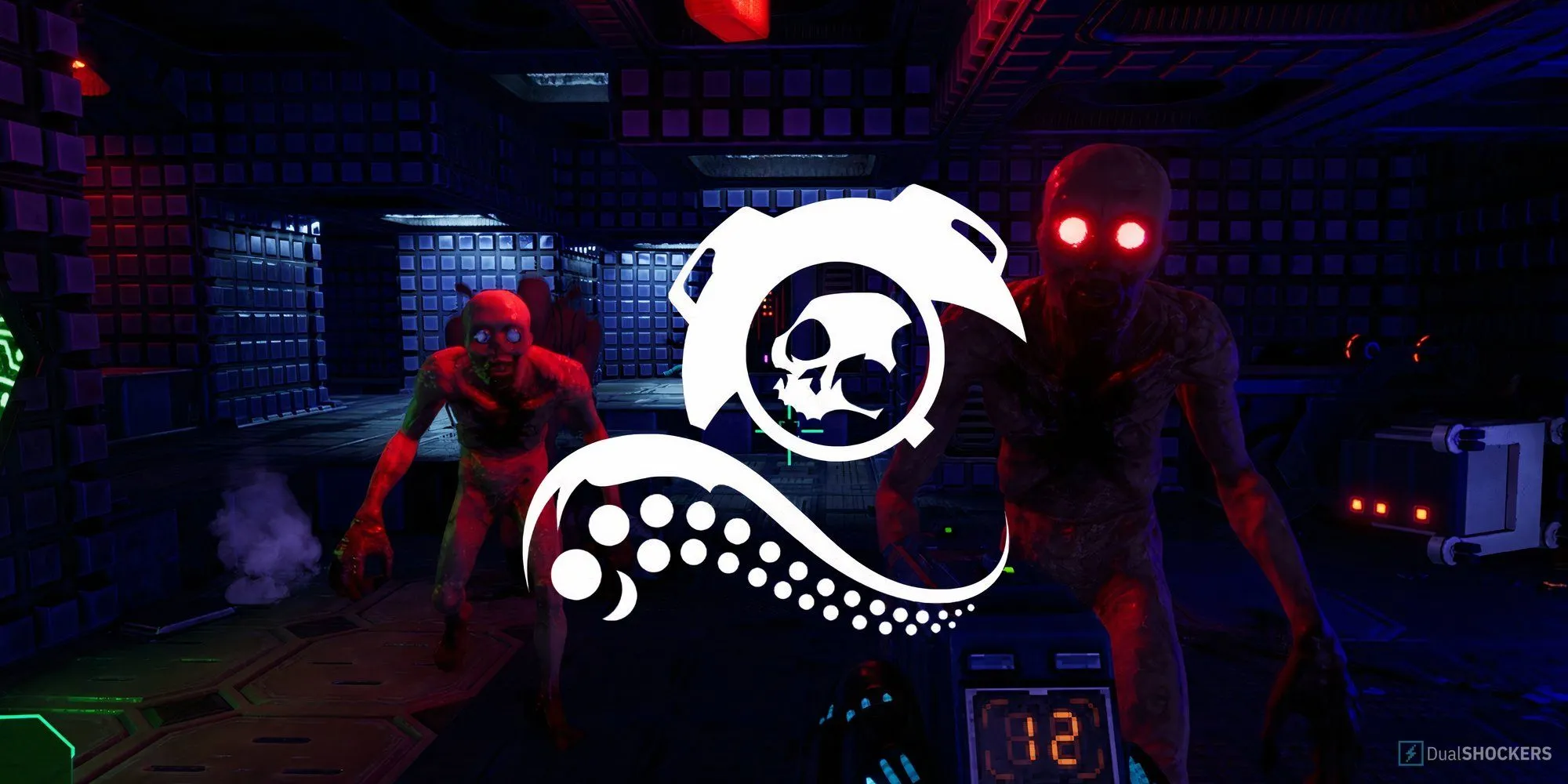Logo Nightdive Studios và hình ảnh quái vật trong System Shock Remake