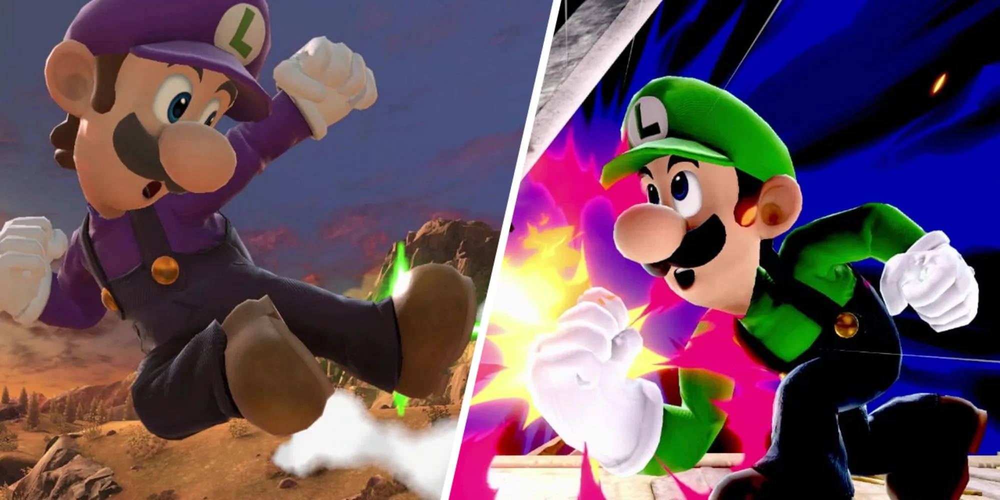 Luigi sử dụng đòn Nair bên trái và đòn Up-B chống lại Cloud (ngoài khung hình) trong Super Smash Bros. Ultimate.