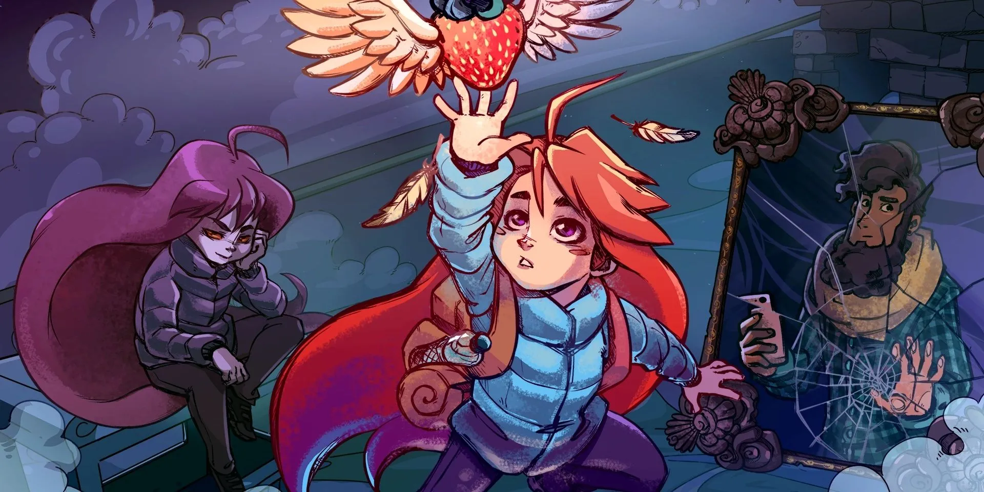 Madeline Badeline và Theo trên ảnh bìa game Celeste hành trình leo núi