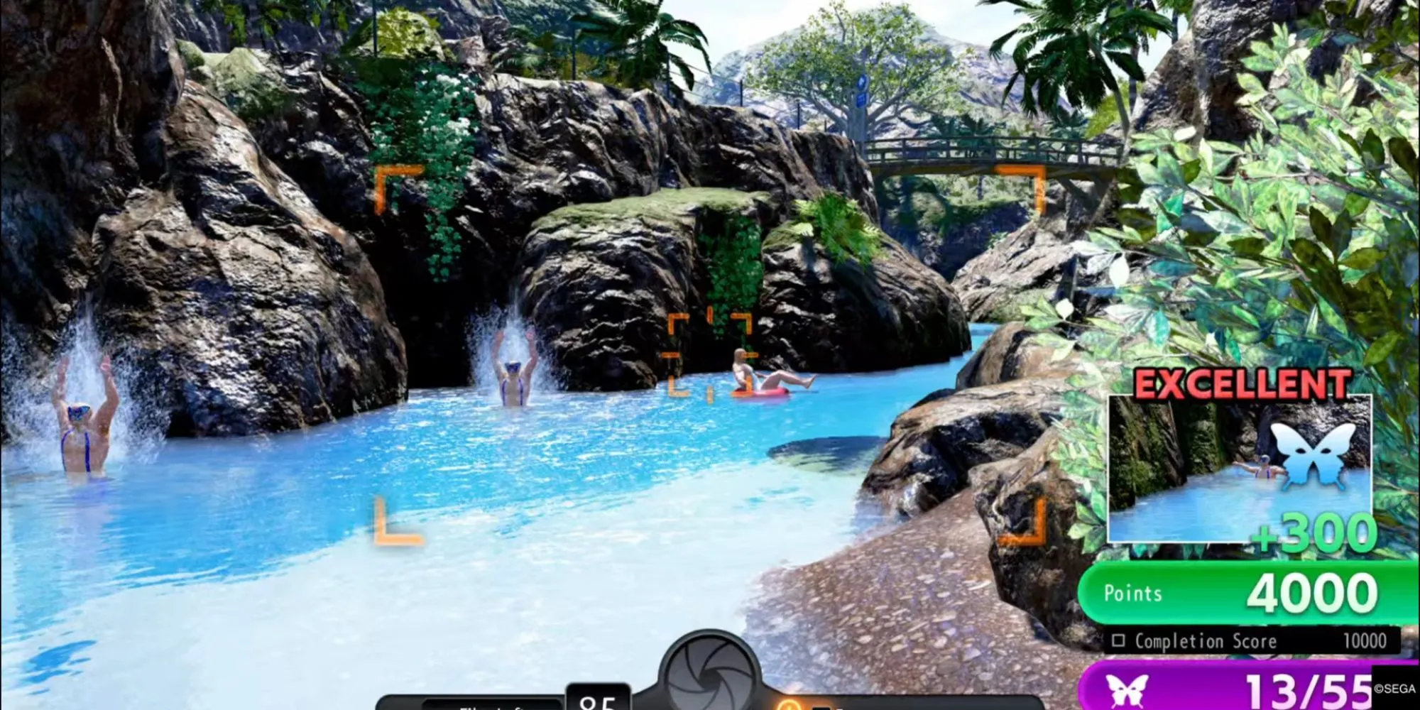 Majima, Noah, Goro và Kuroki trên bè khám phá Crystal Papillon Island trong Sicko Snap của Like a Dragon: Pirate Yakuza in Hawaii