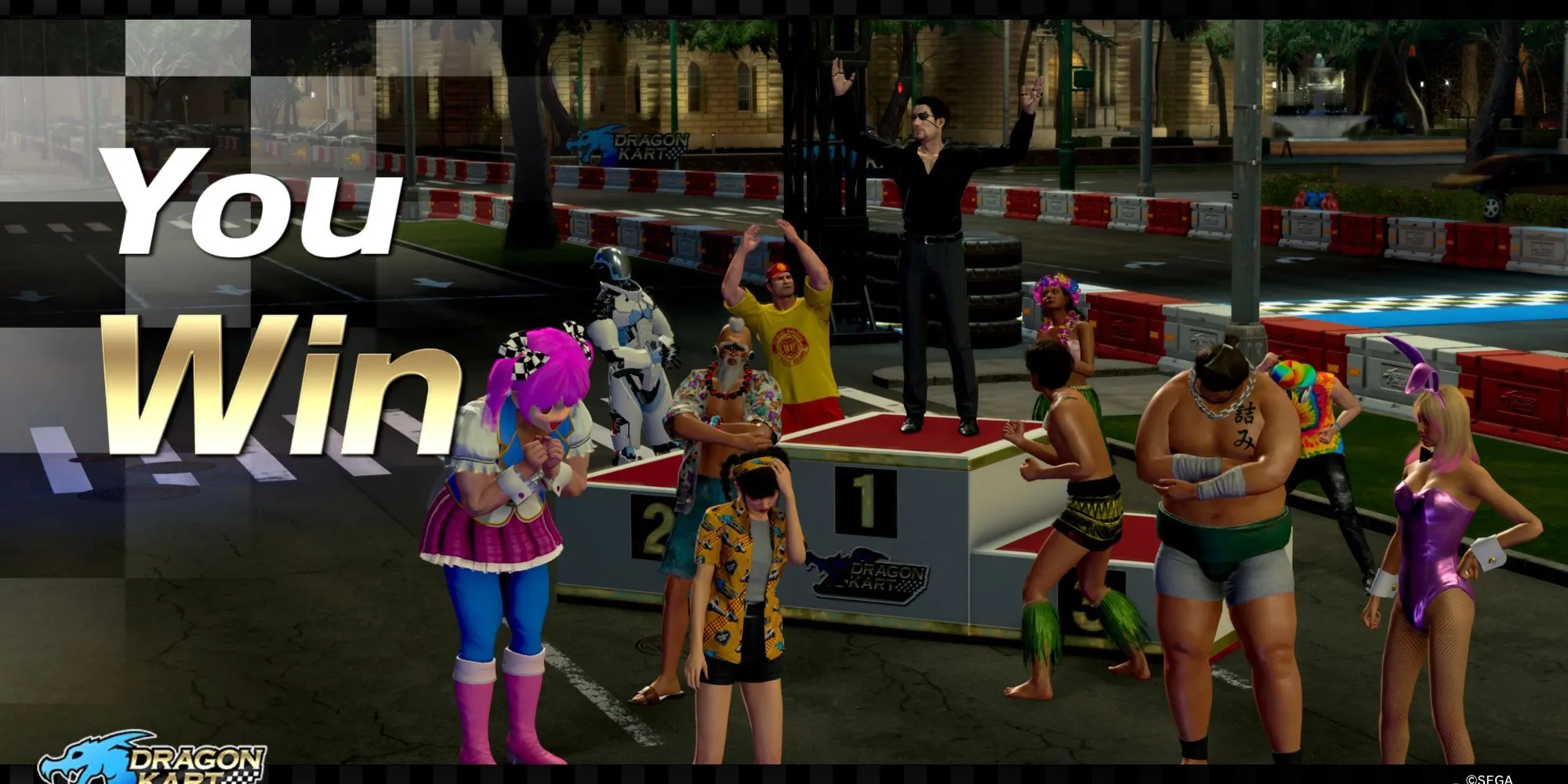 Majima và các tay đua ăn mừng chiến thắng Dragon Kart tại Hawaii