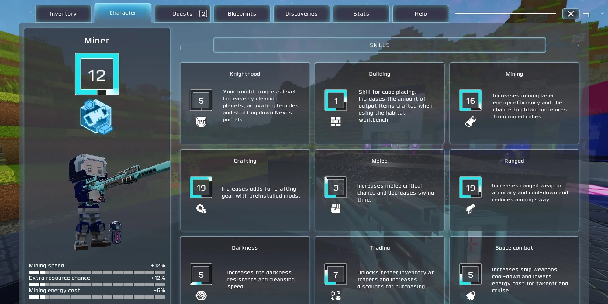 Màn hình hiển thị các kỹ năng có thể nâng cấp dựa trên việc sử dụng trong game Cubic Odyssey