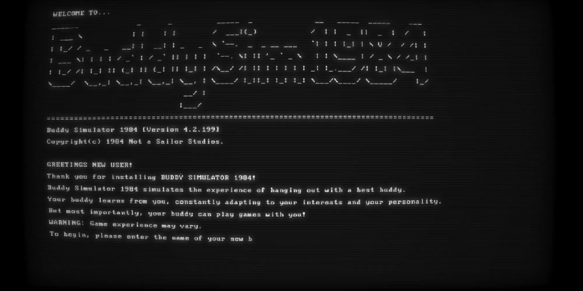 Màn hình tiêu đề chính của game Buddy Simulator 1984 với phong cách đồ họa cổ điển