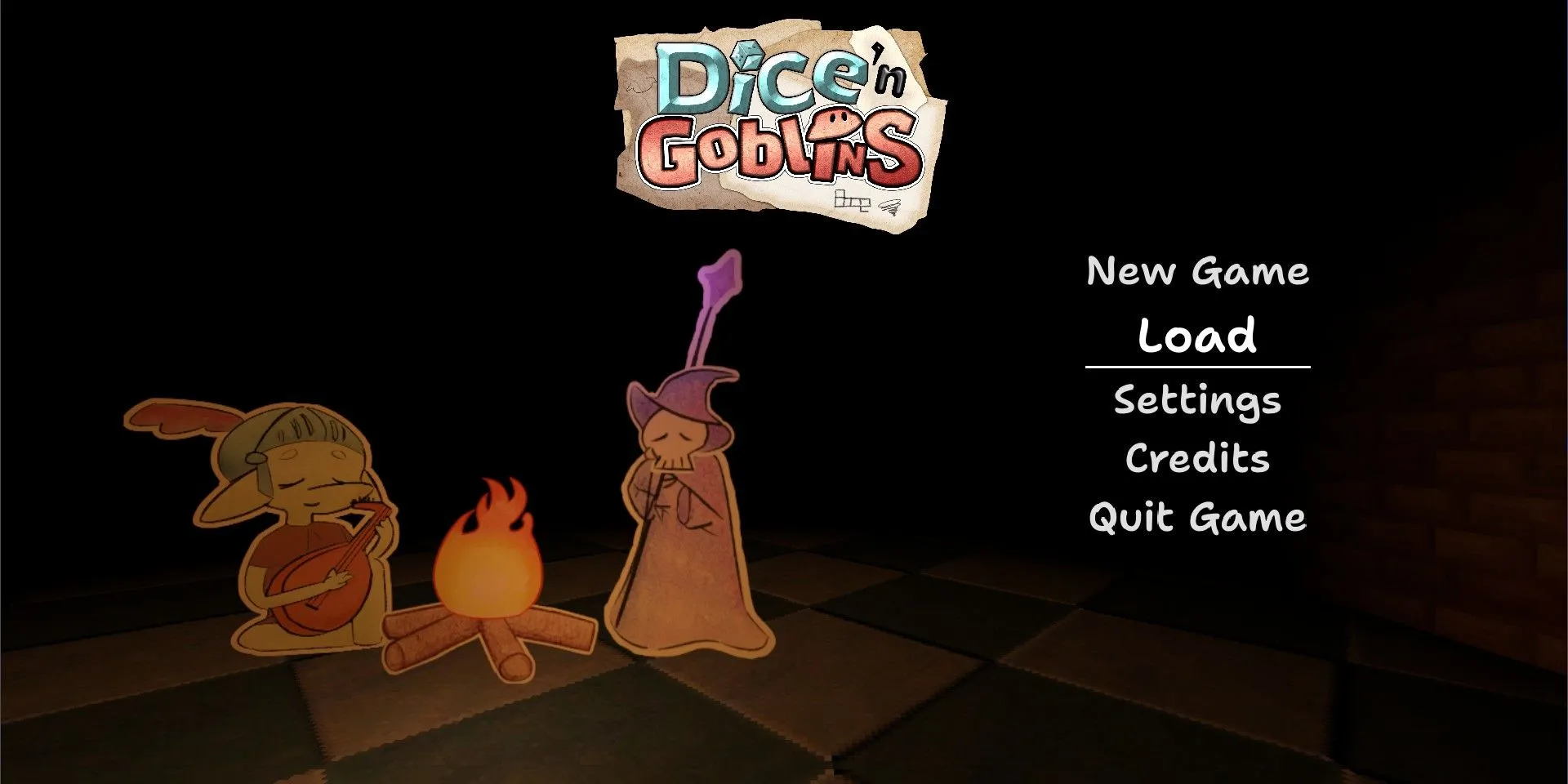 Màn hình tiêu đề của game Dice 'n Goblins với nhân vật chính Gobby