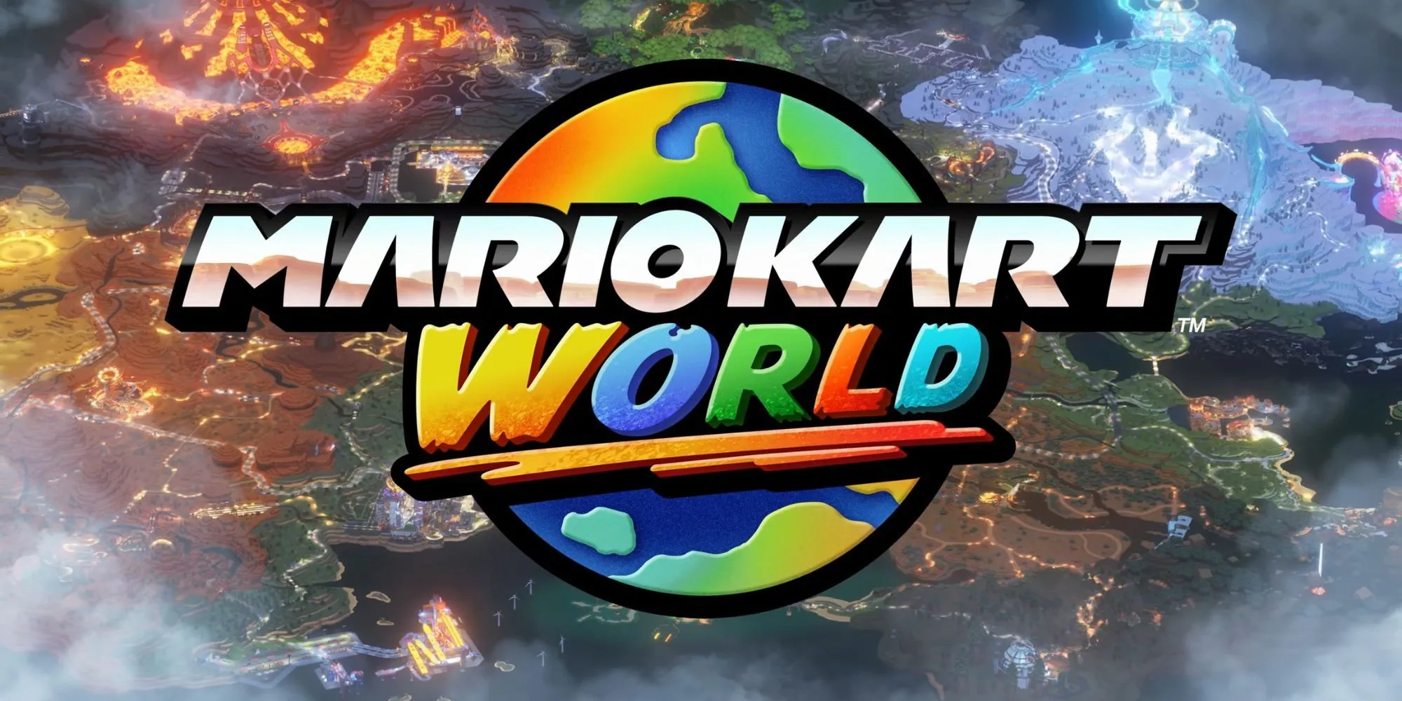 Mario Kart World cho Nintendo Switch 2 với đường đua trên không và hiệu ứng thời tiết động