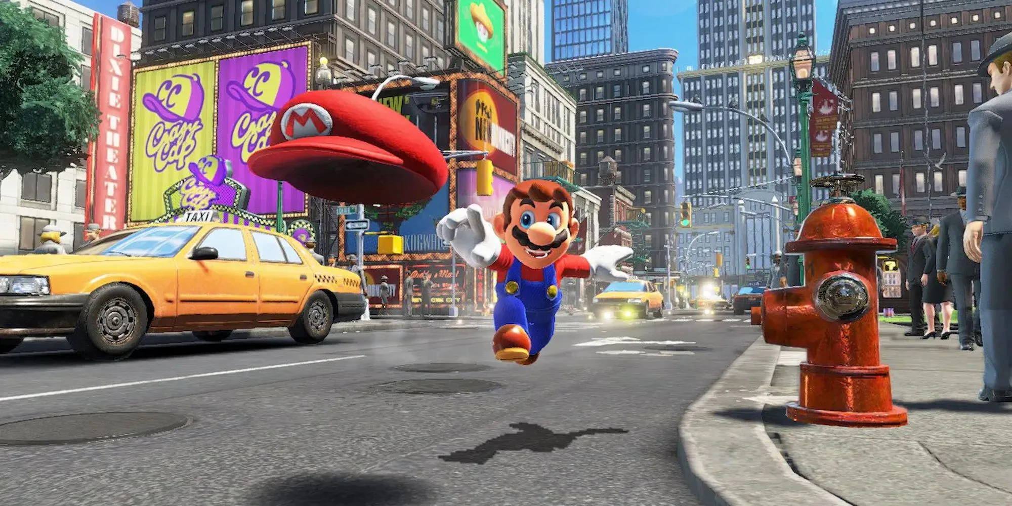 Mario trong Super Mario Odyssey đang thực hiện cú ném mũ Cappy đặc trưng của mình