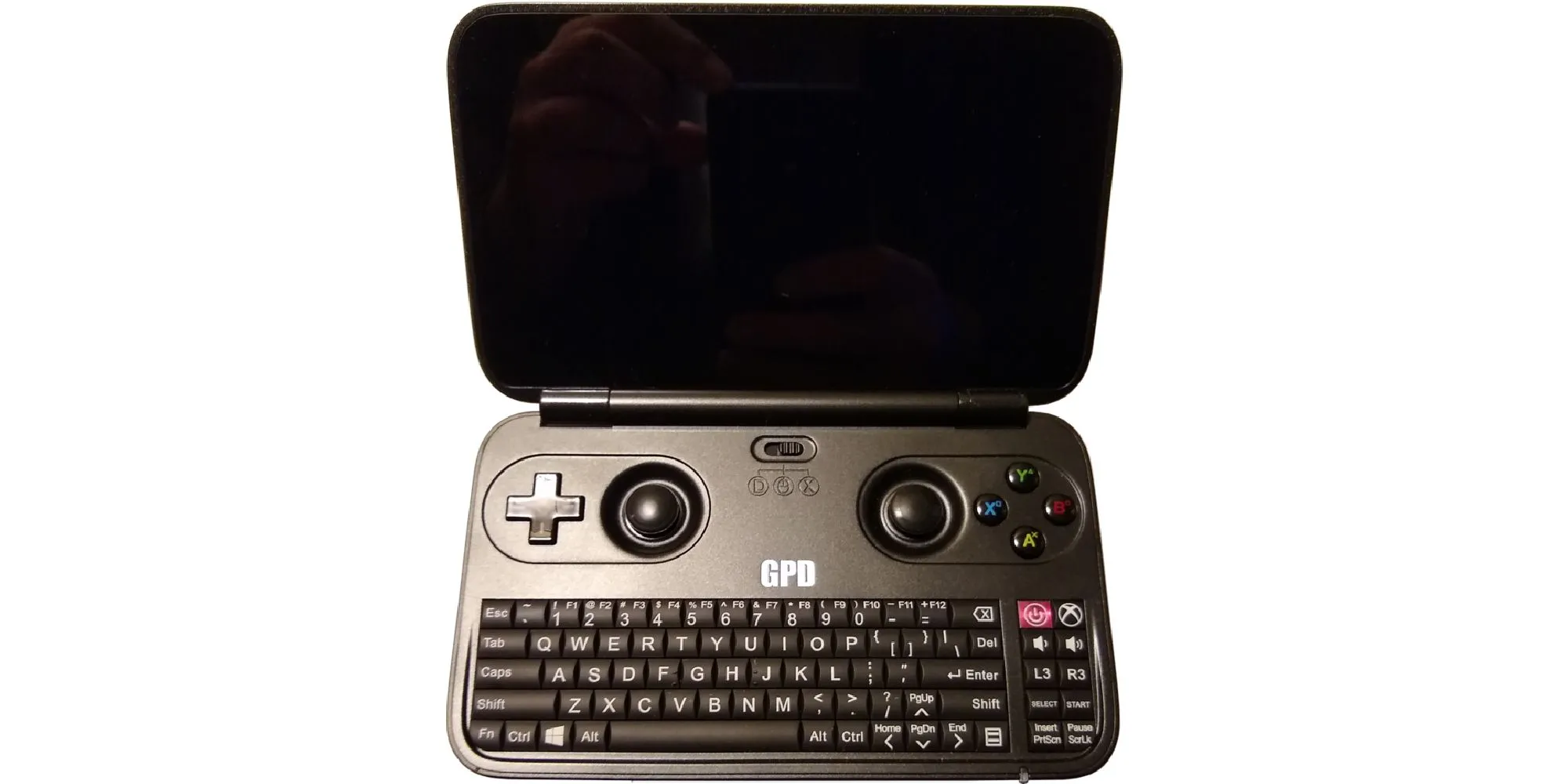 Máy chơi game cầm tay GPD Win dạng gập với màn hình, cụm điều khiển game và bàn phím QWERTY tích hợp
