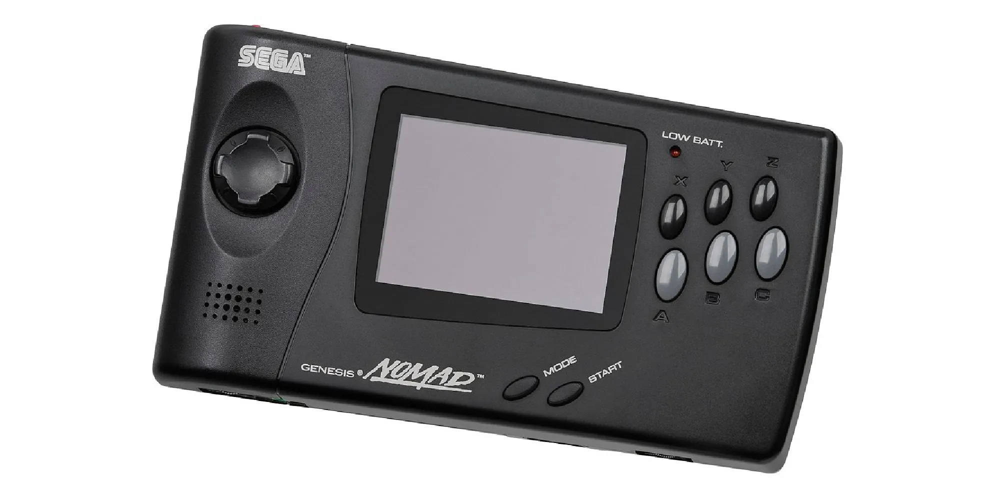 Máy chơi game cầm tay Sega Nomad màu đen, cắm băng game Genesis và hiển thị tựa game Sonic