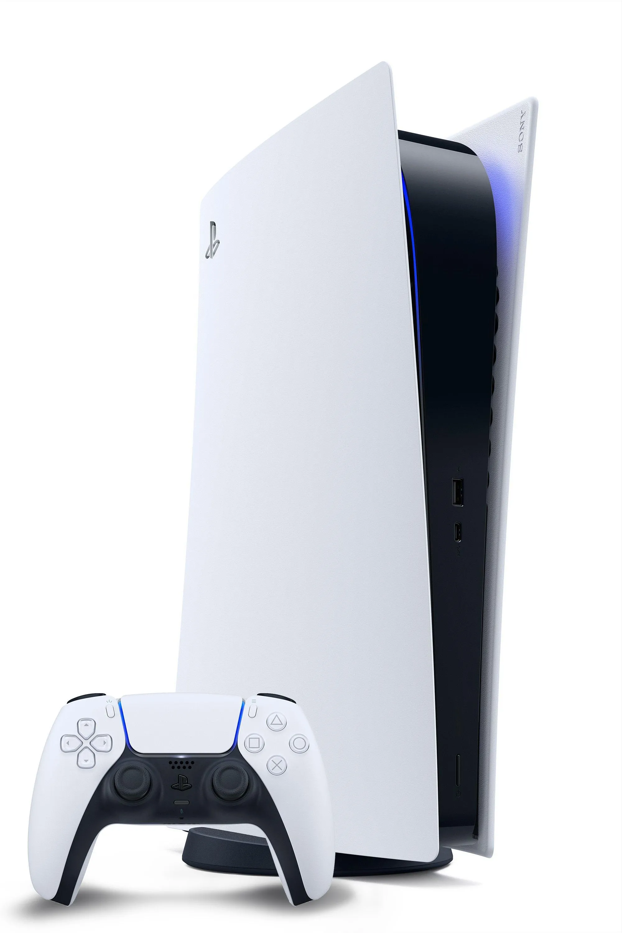 Máy chơi game Sony PlayStation 5 màu trắng đặt đứng cùng tay cầm DualSense