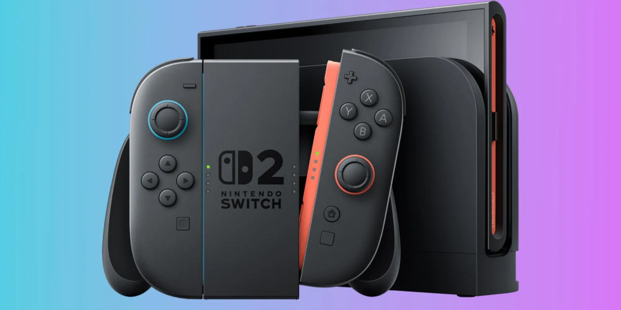 Máy Nintendo Switch 2 và Joy-Con trên nền trừu tượng, làm nổi bật thiết kế mới của console và tay cầm