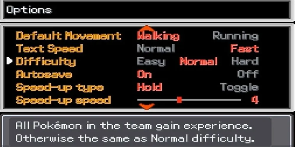 Menu tùy chọn của Pokemon Infinite Fusion hiển thị một phần các tùy chọn menu
