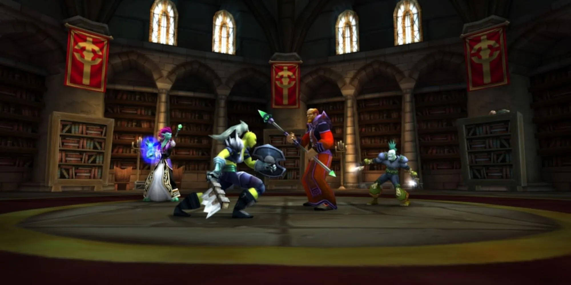 Một cảnh chiến đấu hoành tráng với các hiệu ứng phép thuật rực rỡ trong game World of Warcraft