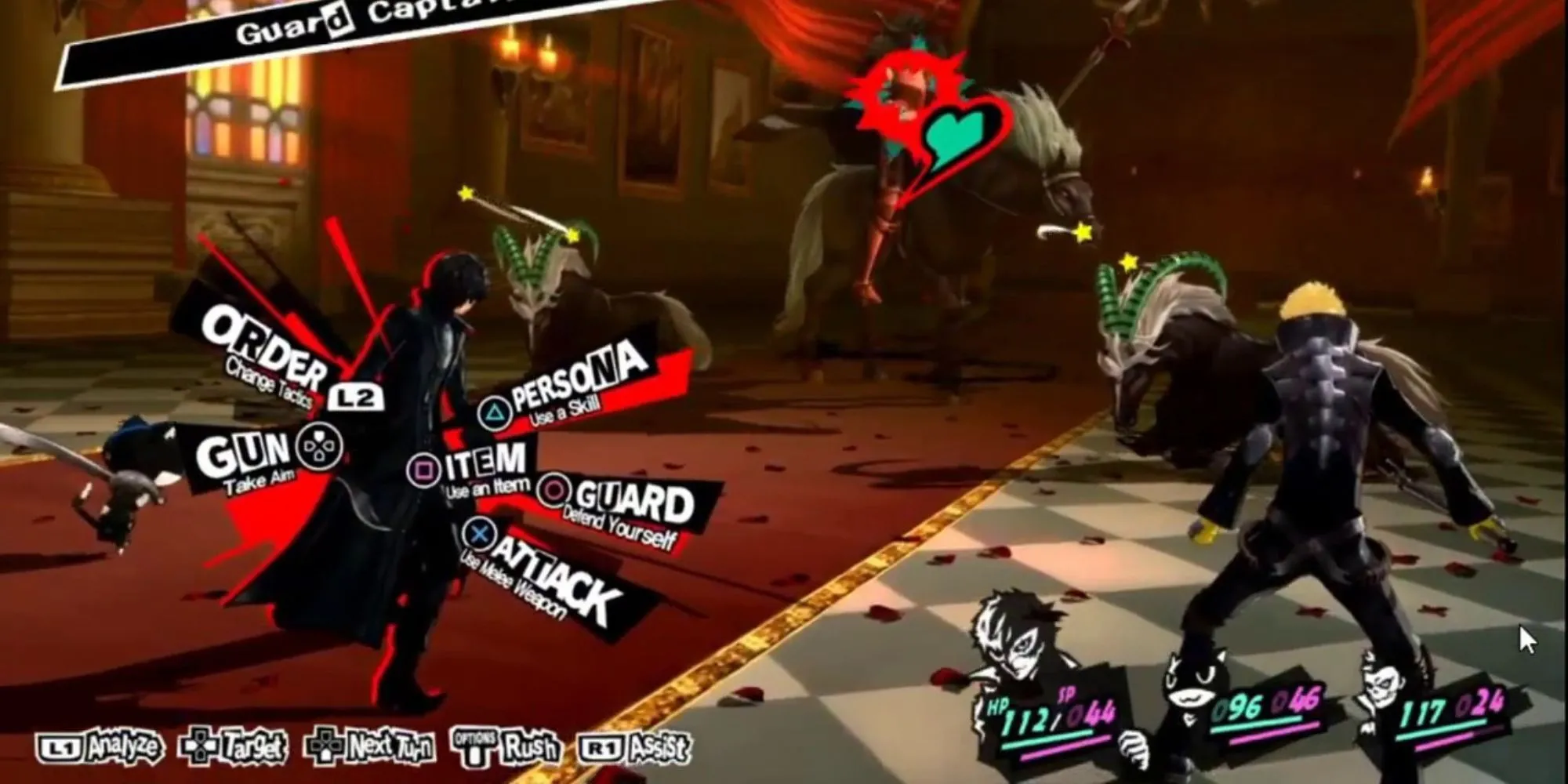 Một cảnh gameplay trong Persona 5 Royal với các nhân vật trong giao diện chiến đấu theo lượt đặc trưng