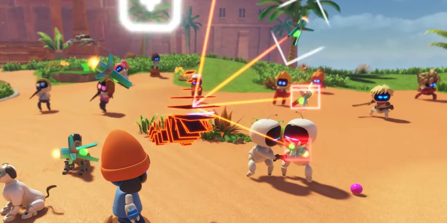 Một cảnh trong game Astro Bot với robot Rez đang tương tác trong môi trường game đầy màu sắc
