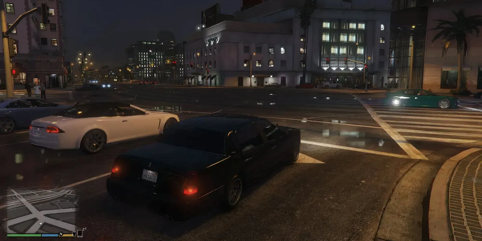 Một chiếc xe hơi di chuyển trên đường phố Los Santos trong GTA 5, tượng trưng cho văn hóa xe hơi