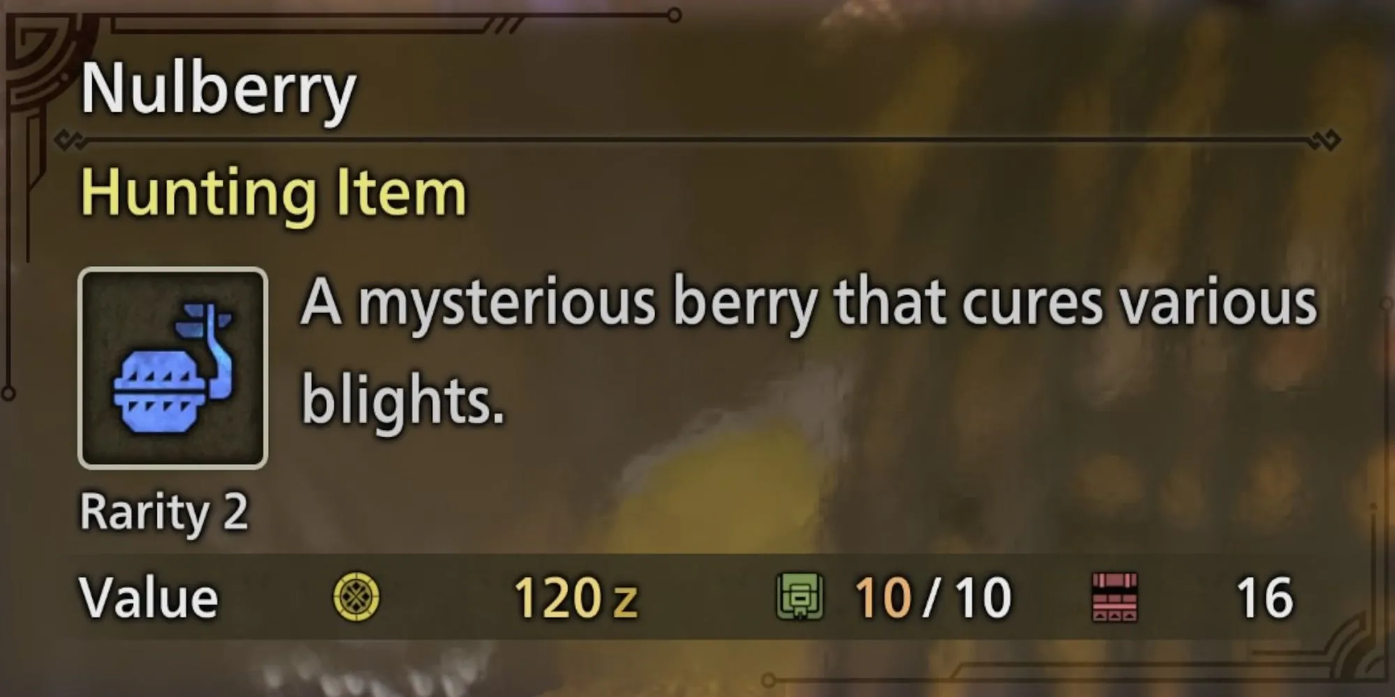 Một chùm Nulberry màu xanh dương trong Monster Hunter Wilds, có khả năng hóa giải các hiệu ứng blight.