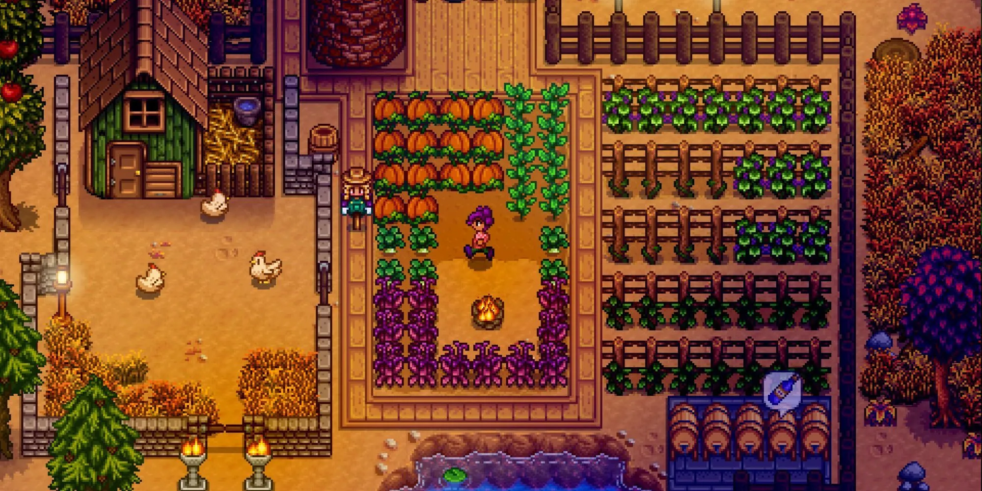 Một góc nhìn từ trên xuống của nông trại trong Stardew Valley với nhà cửa, cây cối và đồng ruộng
