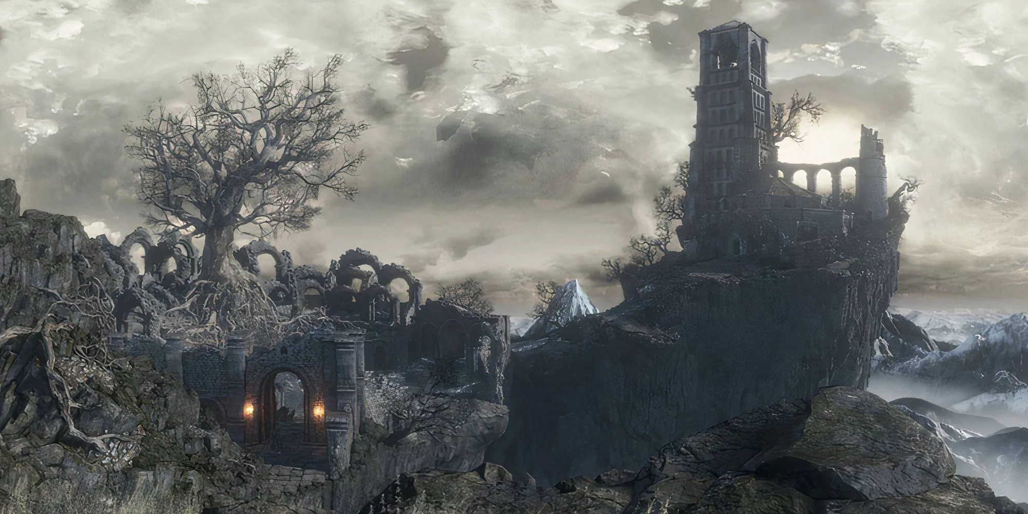 Một hiệp sĩ đứng nhìn ra khung cảnh núi non hùng vĩ từ Cemetery of Ash trong Dark Souls 3