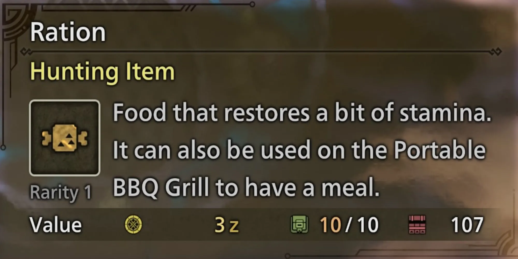 Một miếng Ration được gói trong lá, vật phẩm tăng thể lực trong Monster Hunter Wilds.
