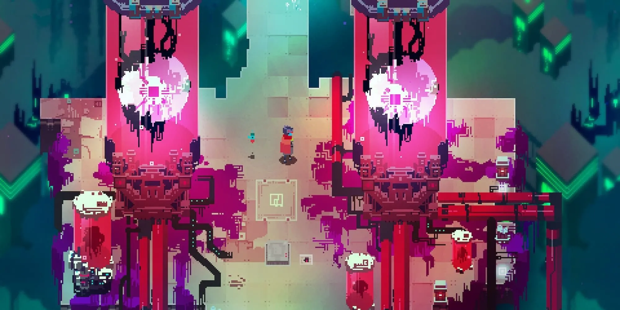 Một nền tảng nổi giữa không trung trong thế giới neon của Hyper Light Drifter