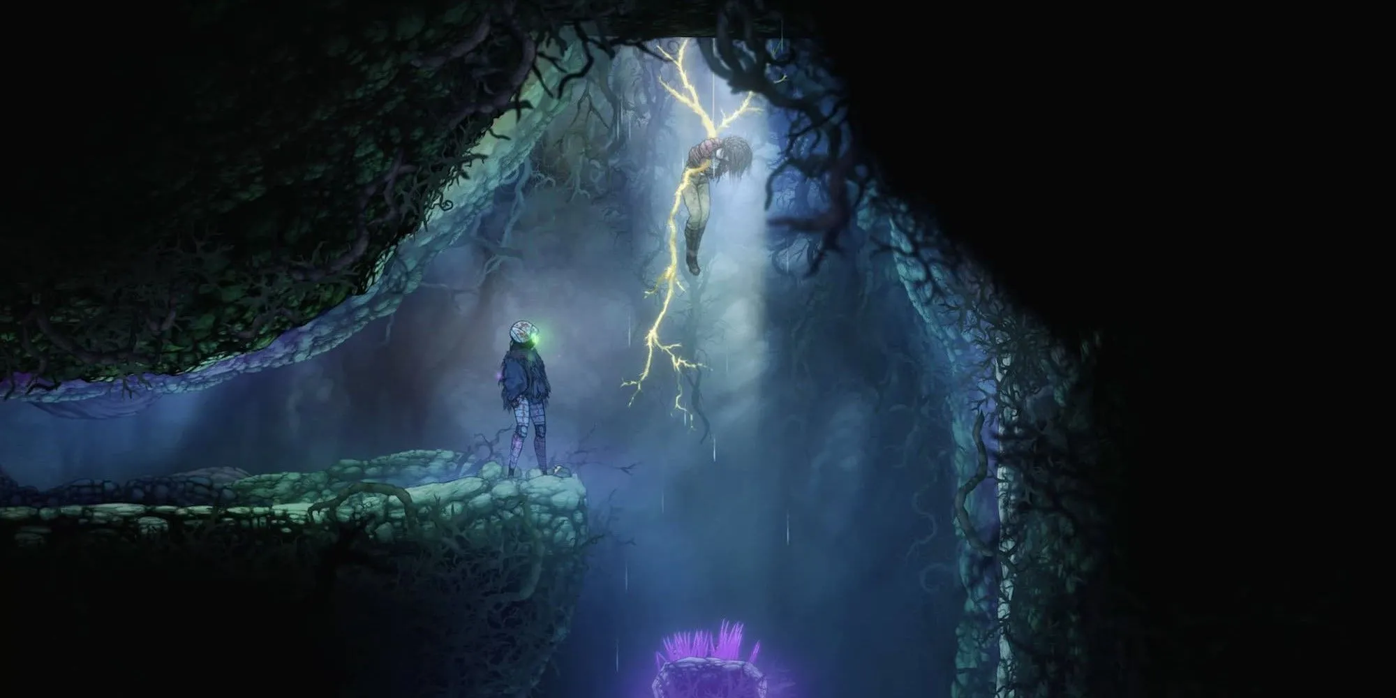Một nhân vật Deadsuit đang treo mình trong một hang động tối tăm của game Ghost Song