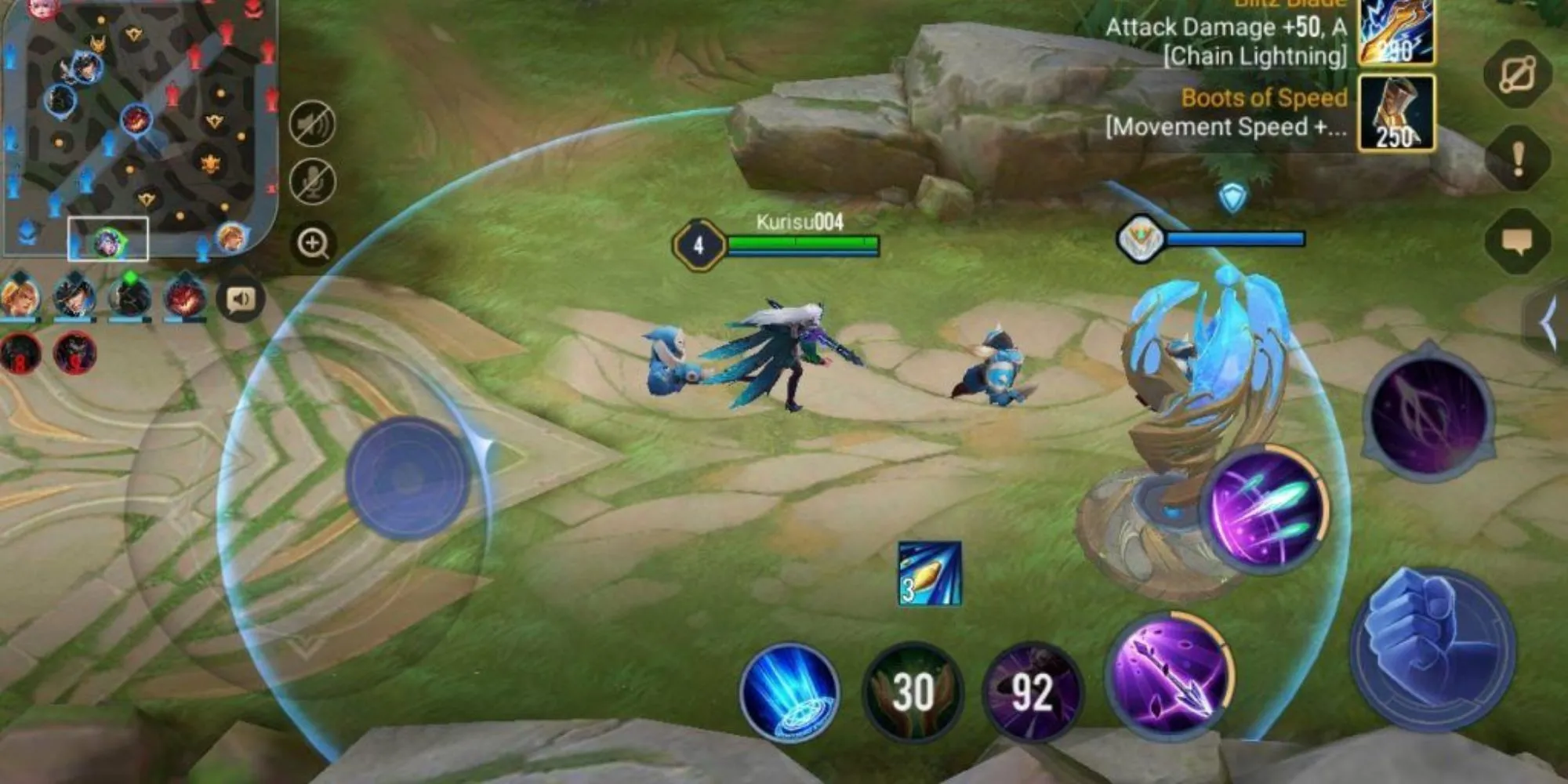 Một nhân vật trong Arena of Valor đang di chuyển với vòng tròn xanh hiển thị phạm vi kỹ năng