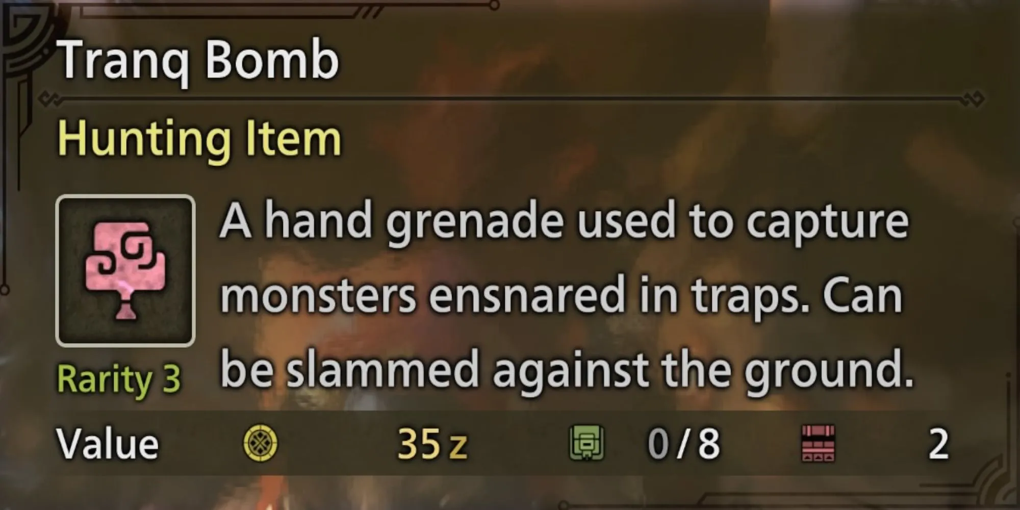 Một quả Tranq Bomb màu đỏ đang được thợ săn cầm trong Monster Hunter Wilds, dùng để bắt sống quái vật.