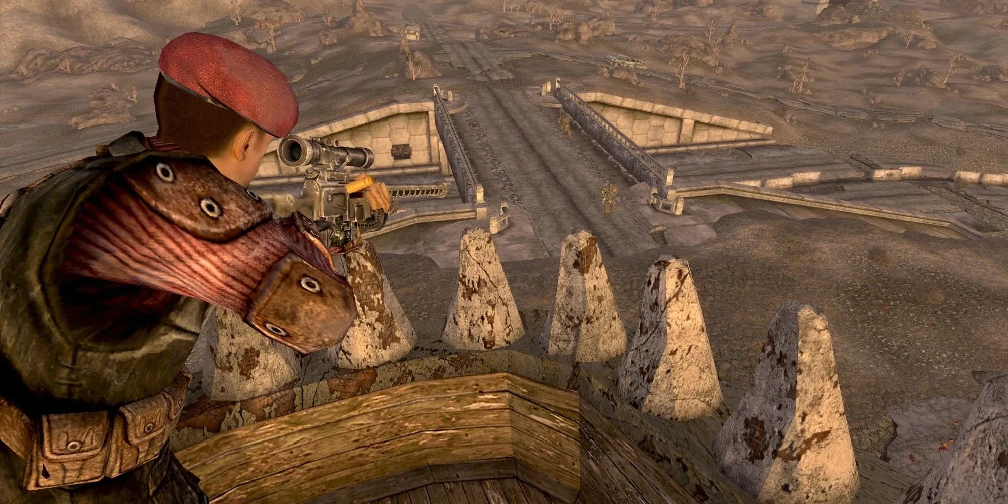 Một tay súng bắn tỉa nhìn ra vùng đất hoang Mojave trong Fallout New Vegas
