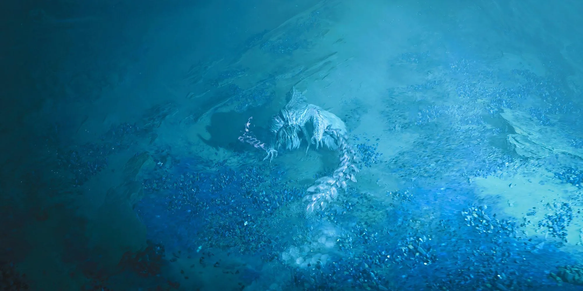 Một thợ săn cưỡi thú di chuyển trong thế giới mở của Monster Hunter Wilds, cho thấy khả năng tạm dừng tự do khi chơi đơn trực tuyến.