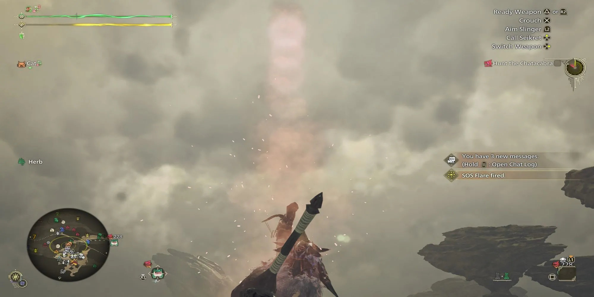 Một thợ săn đang bắn pháo hiệu SOS cầu cứu trong Monster Hunter Wilds