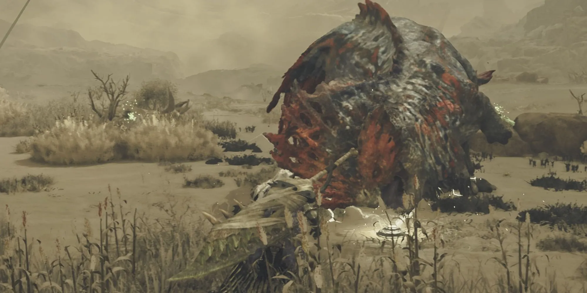 Một thợ săn đang đặt Bẫy Sốc (Shock Trap) trong Monster Hunter Wilds