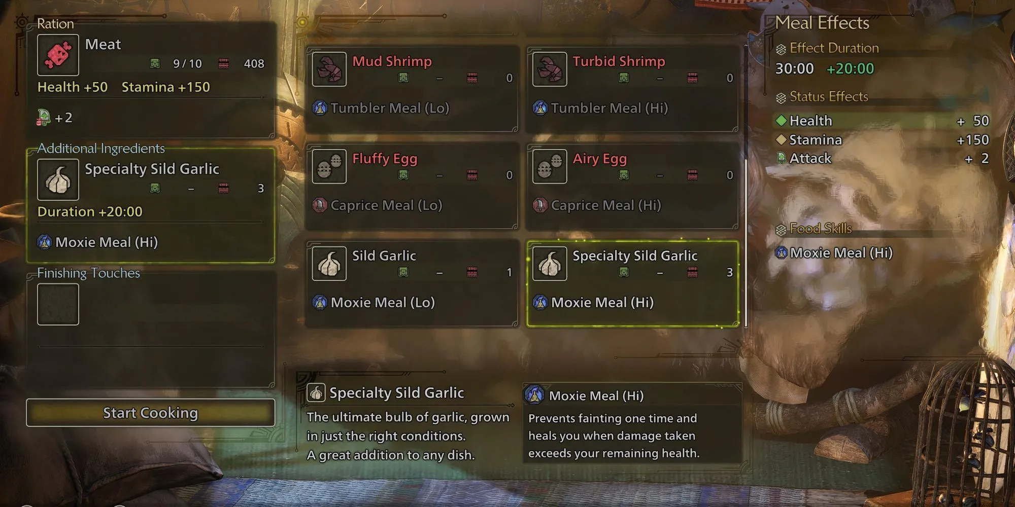 Một thợ săn đang xem xét các Nguyên Liệu Bổ Sung trong Monster Hunter Wilds trên một chiếc bàn gỗ