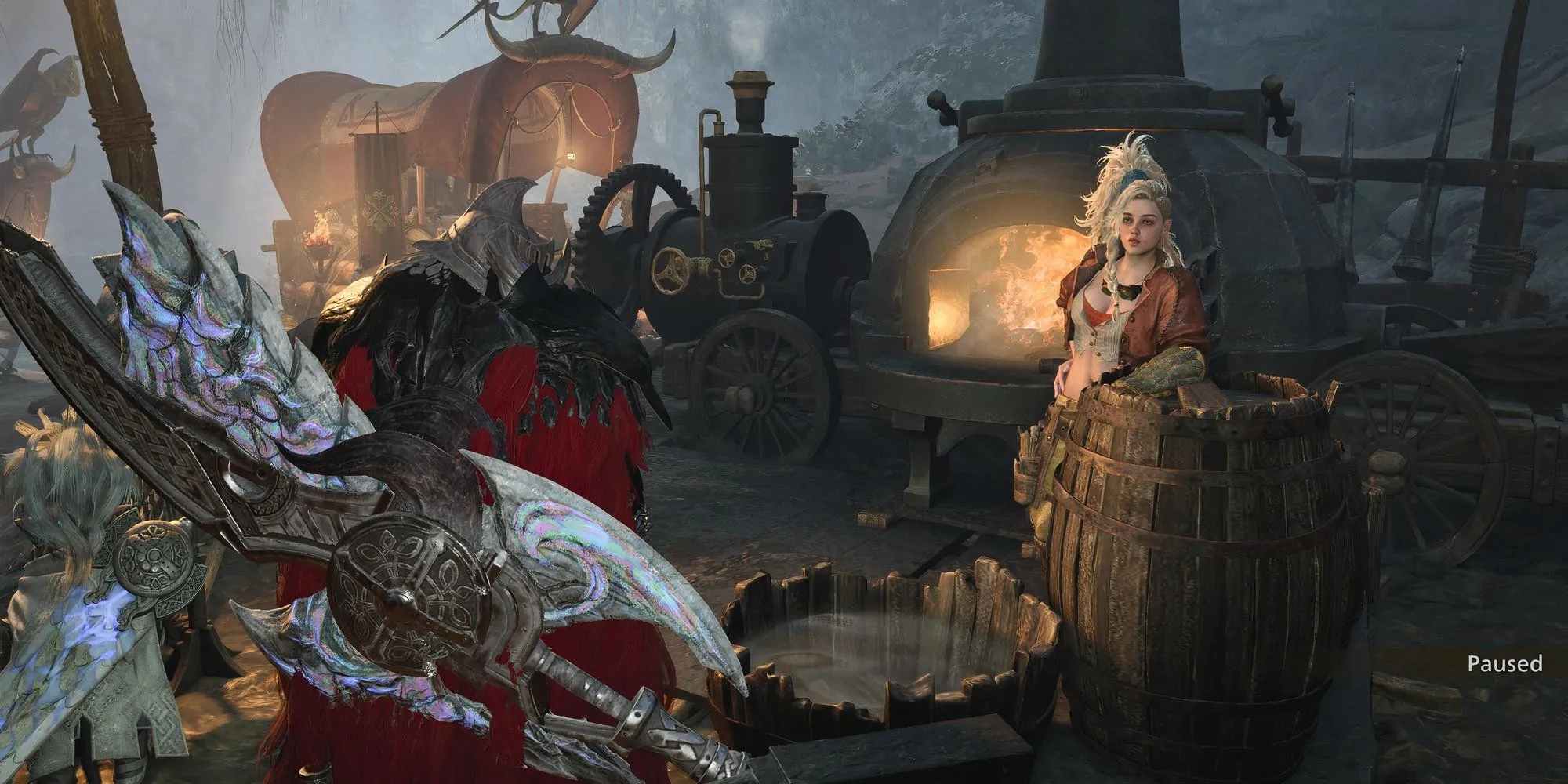 Một thợ săn đang xem xét cây vũ khí phức tạp tại Xưởng Rèn trong Monster Hunter Wilds