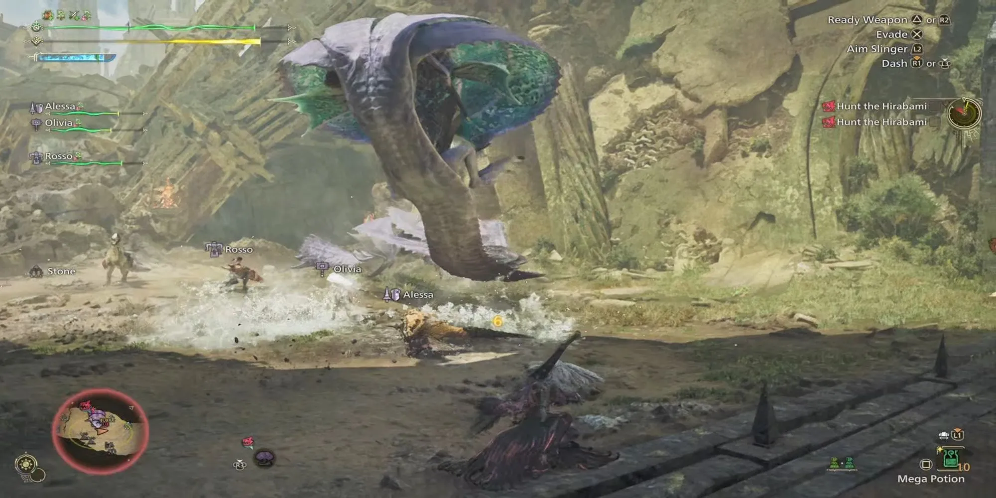 Một thợ săn trong Monster Hunter Wilds chiến đấu bên cạnh các đồng đội AI