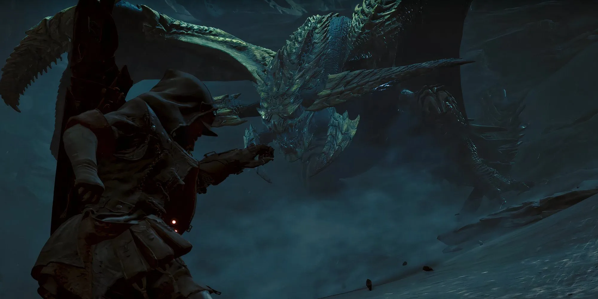 Một thợ săn trong Monster Hunter Wilds chuẩn bị đối mặt với quái vật lớn tại vùng đồng bằng lộng gió.