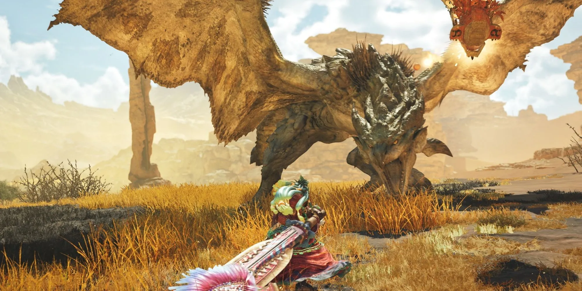 Một thợ săn trong Monster Hunter Wilds đang chiến đấu với quái vật Rathian bằng thanh đại kiếm