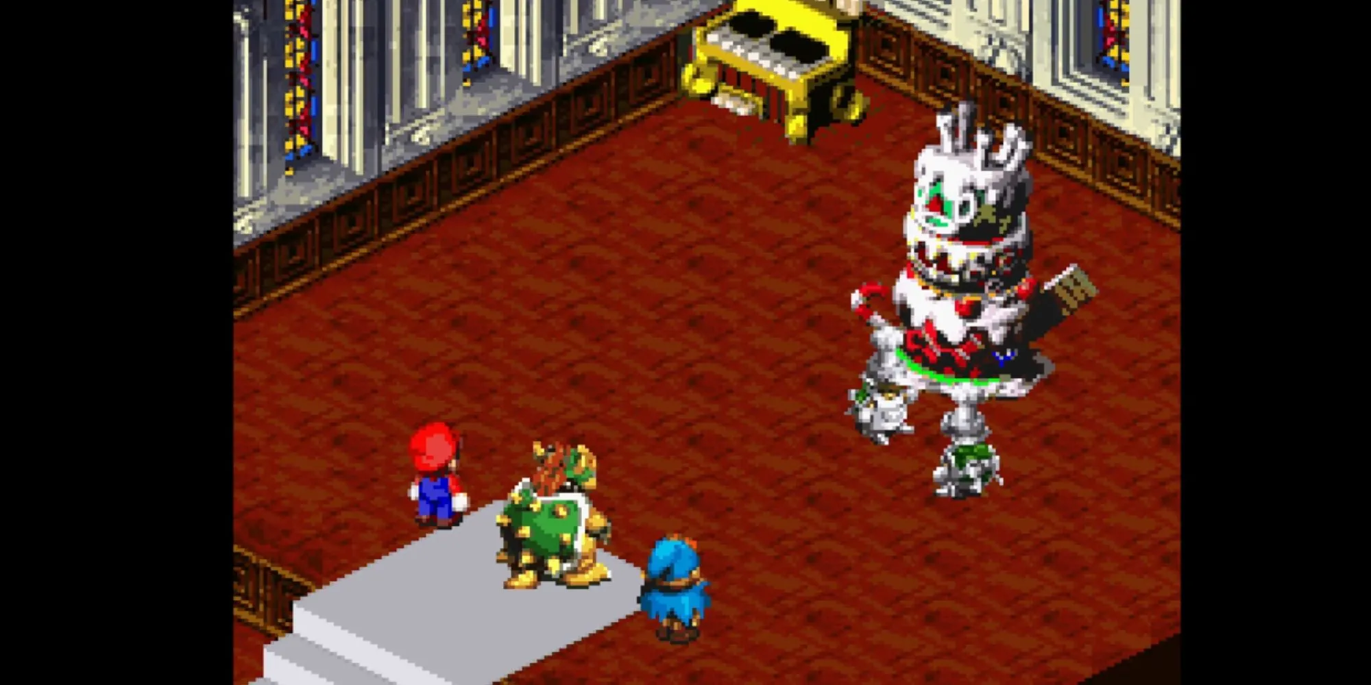 Một trận chiến trong Super Mario RPG với Mario, Mallow và Geno đối đầu với kẻ thù