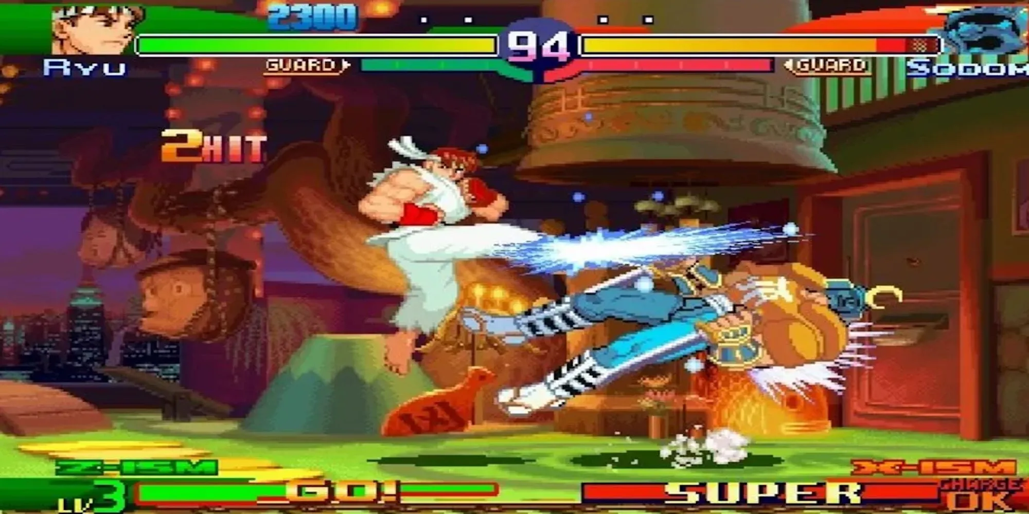 Một trận đấu đối kháng trong game Street Fighter Alpha 3 trên PS1 với đồ họa 2D sắc nét