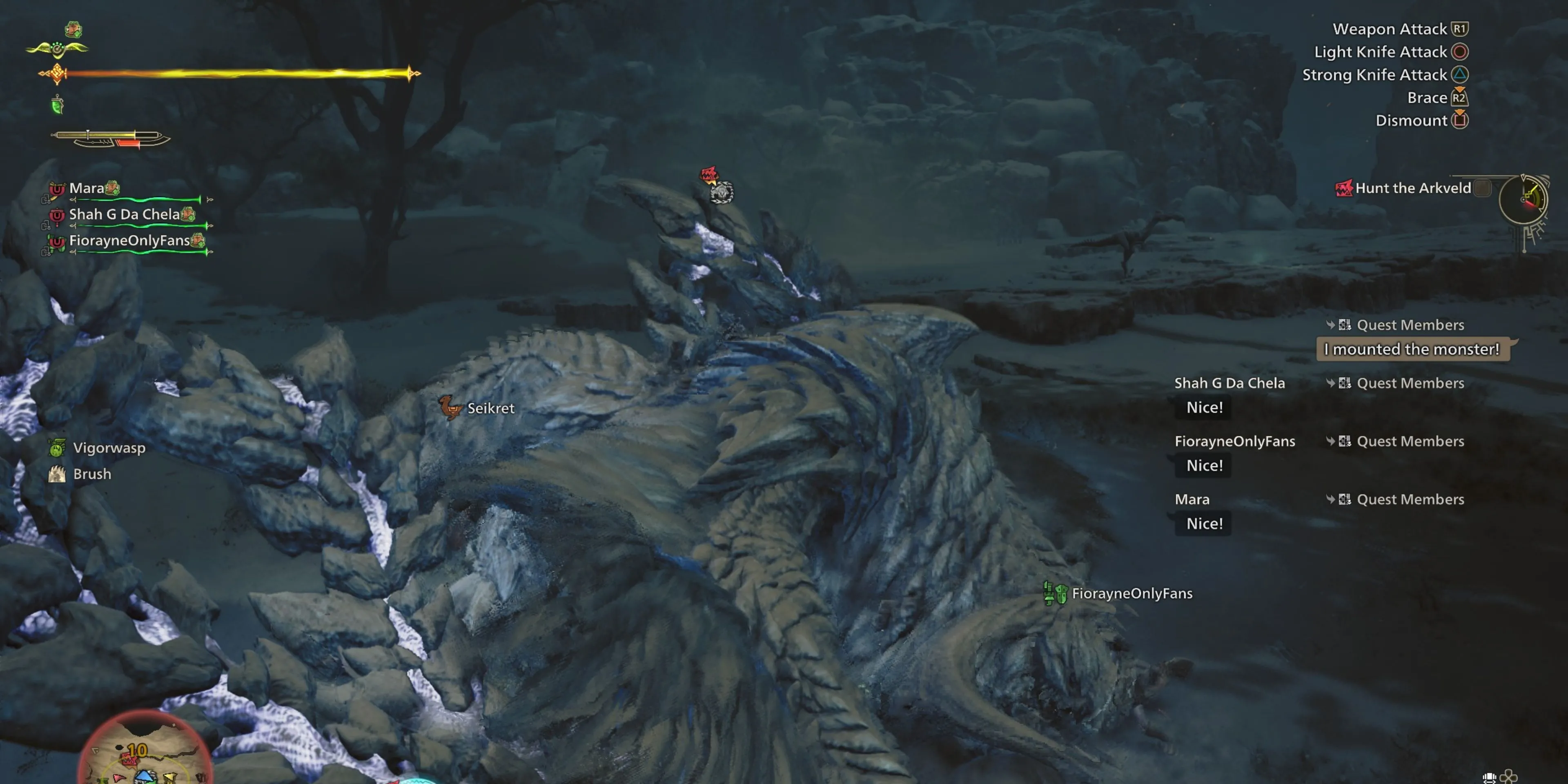 Người chơi đang cưỡi một con quái lớn trong Monster Hunter Wilds cùng đồng đội