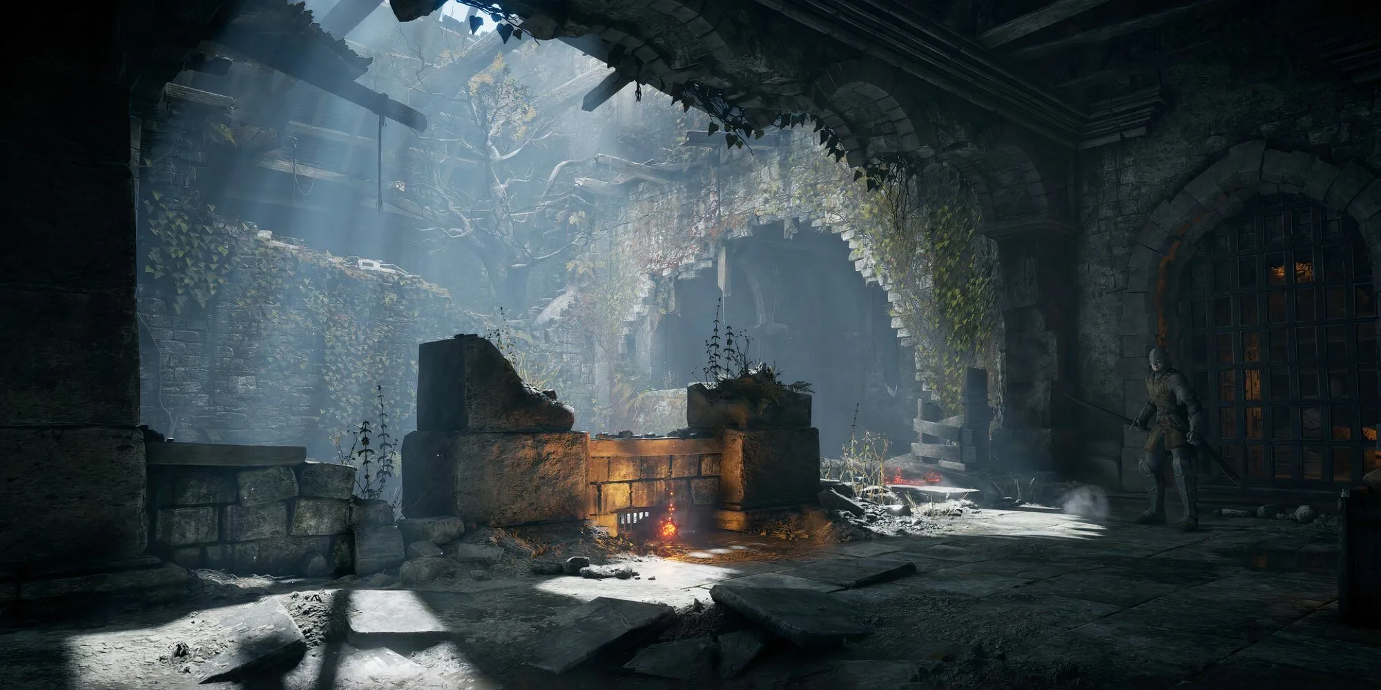 Nhân vật chiến binh đứng giữa tàn tích của Forlorn Outpost trong Demon's Souls Remake