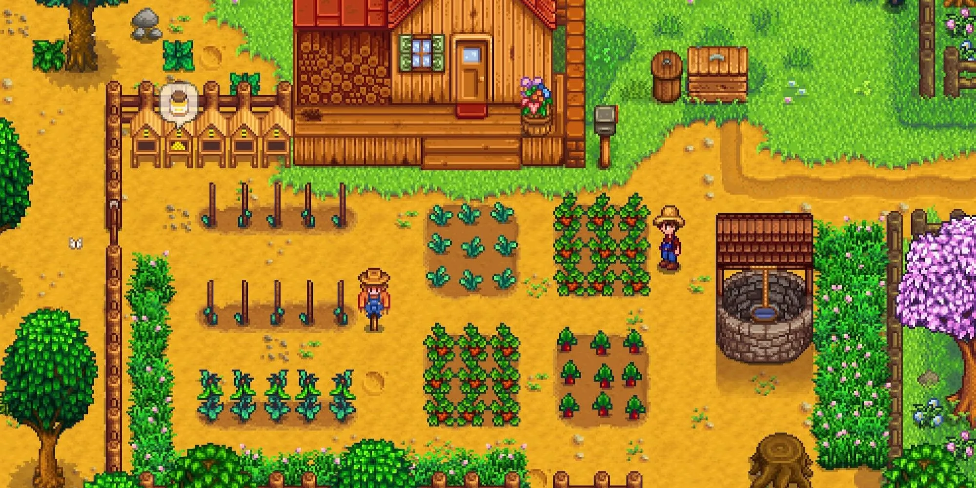 Nhân vật chính đang chăm sóc cây trồng trong trang trại Stardew Valley