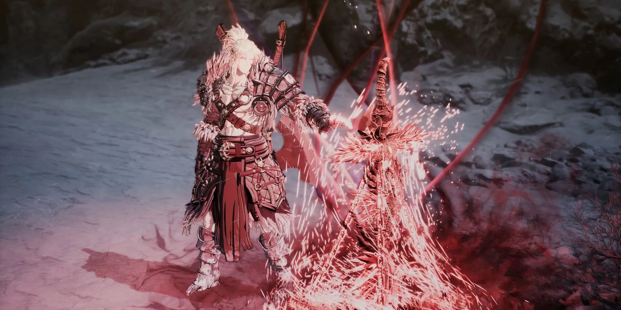 Nhân vật chính Khazan trong The First Berserker Khazan chiến đấu với kẻ thù giữa khung cảnh đổ nát